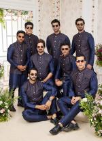 Art Banarasi Silk Navy Blue Wedding Wear Pattern Work Readymade Indo Weartern Sherwani